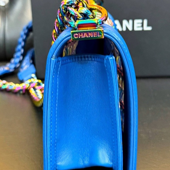 Chanel Old Small Boy Flap Bag Blue Rainbow Woven PVC with Lambskin Multicolor Gr - Picture 4 of 16